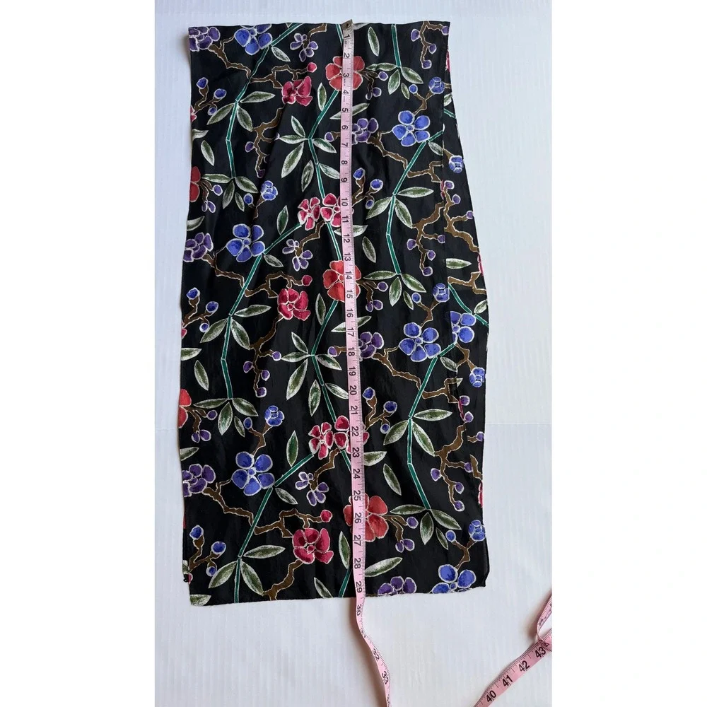 Vintage 100% Silk Floral Scarf Black Red Blue Botanical Rectangular